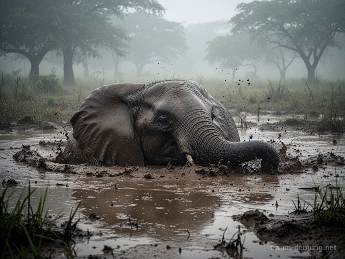 Ein Elefant steckt mit seinem Körper tief im braunen Schlamm fest, nur der Kopf und Rüssel ragen heraus.