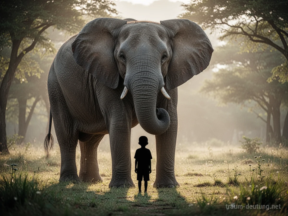 Ein großer Elefant steht schützend über einer kleinen Menschenfigur im Licht.