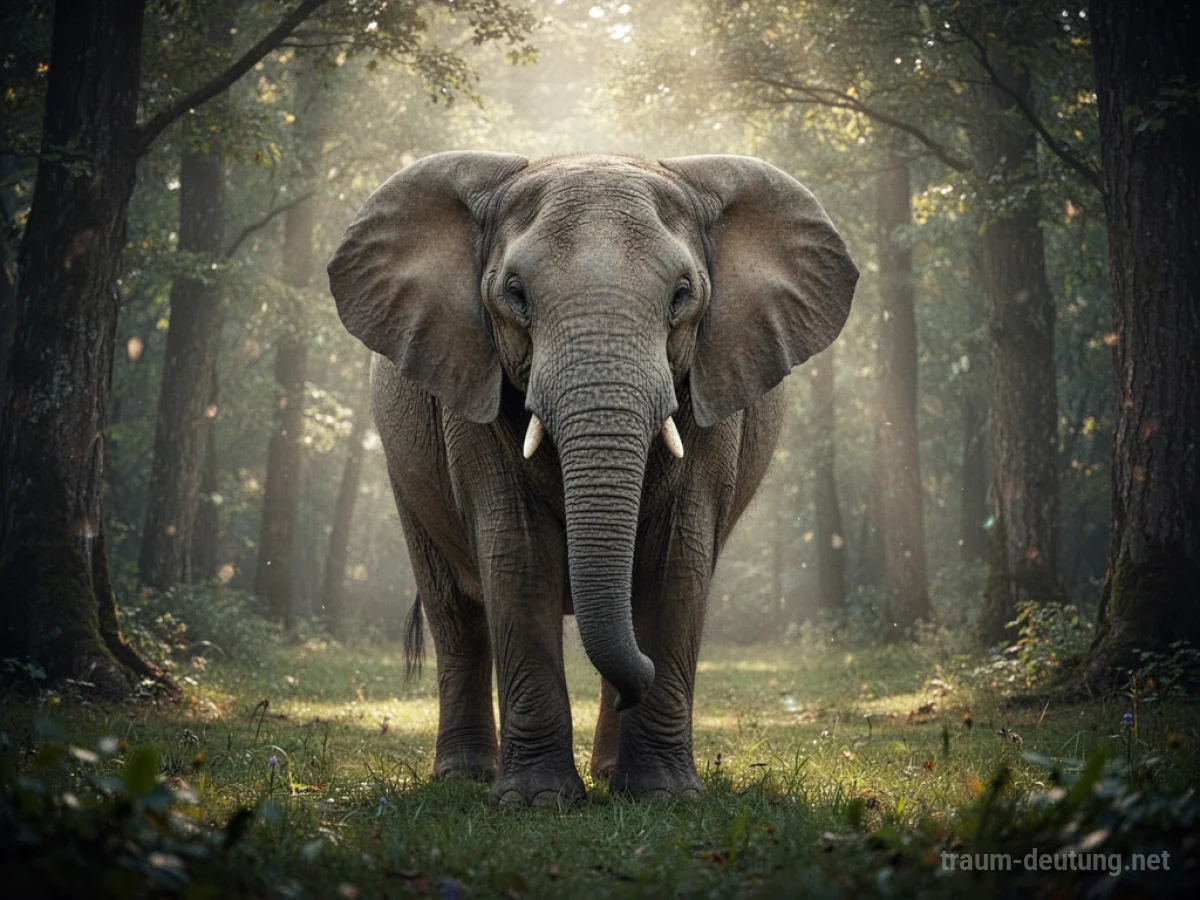 Ein weiser Elefant steht in einem ruhigen Wald und blickt zum Betrachter.