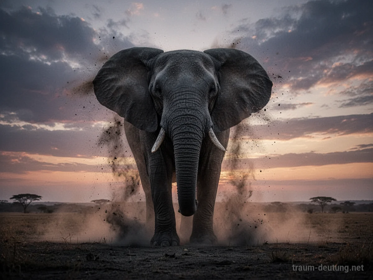 Elefant löst sich symbolisch in Staub auf vor dem Betrachter