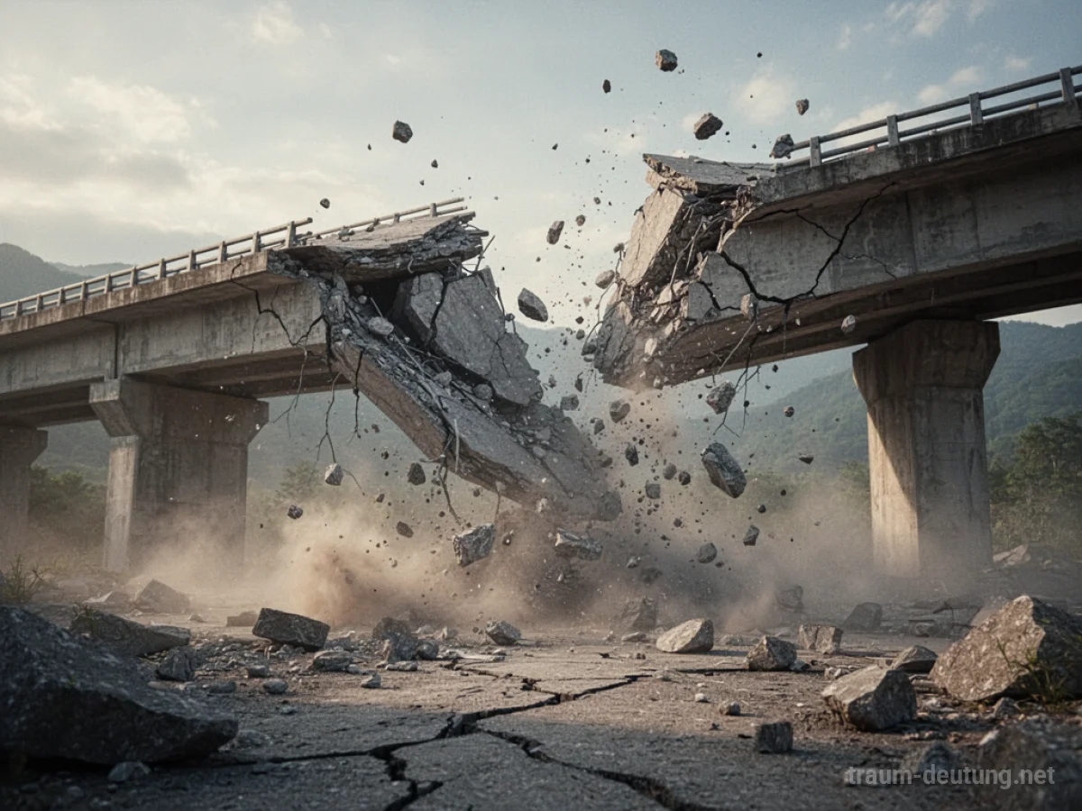 Eine Brücke bricht bei einem Erdbeben ein, Trümmer stürzen herab.
