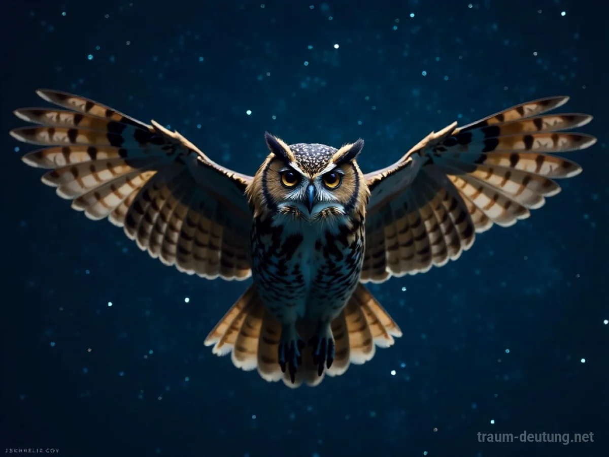 Eine Eule fliegt mit ausgebreiteten Flügeln auf den Betrachter zu im Sternenhimmel.