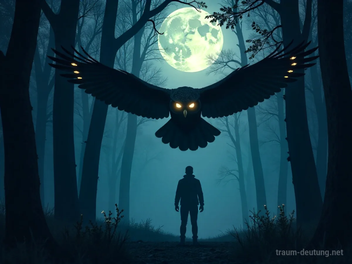 Eine Eule mit leuchtenden Augen fliegt auf eine menschliche Silhouette zu.