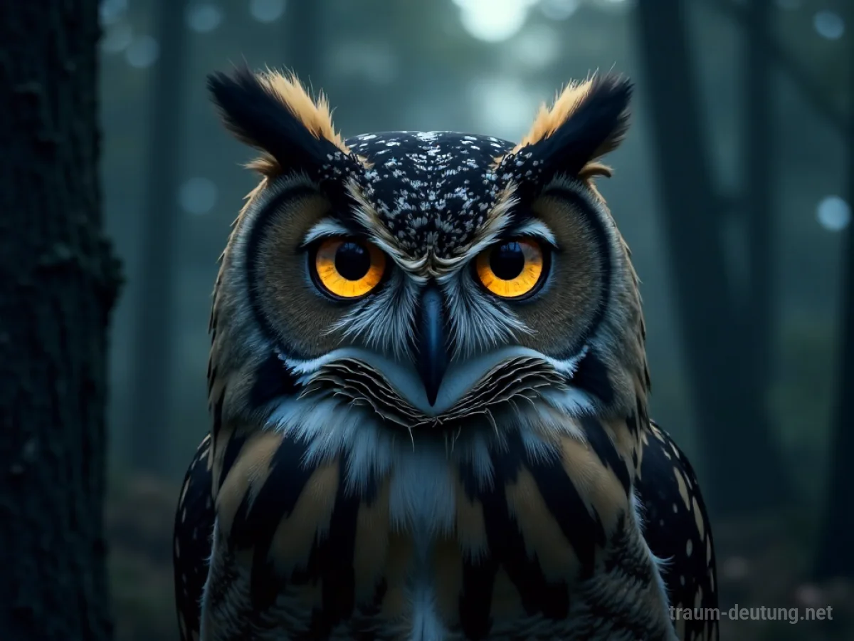Eine Eule mit großen, durchdringenden Augen starrt aus einem dunklen Wald.