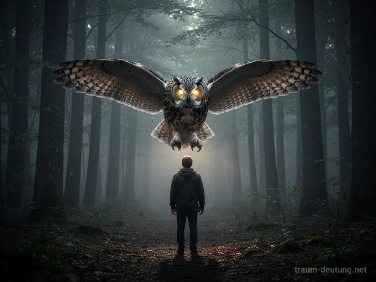 Eine weise Eule landet schützend neben einer Person in einem dunklen Wald.