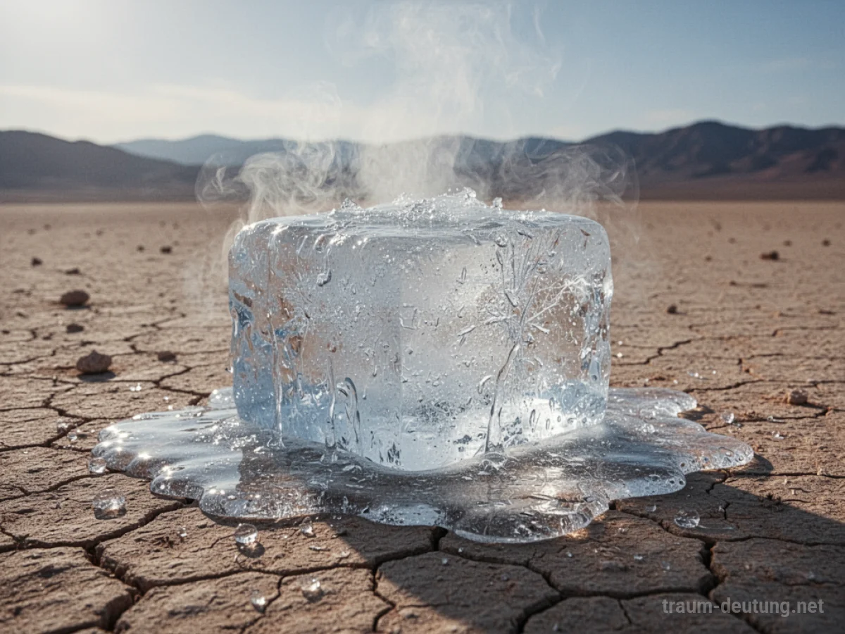 Eisblock schmilzt rasch in trockener Wüstenlandschaft