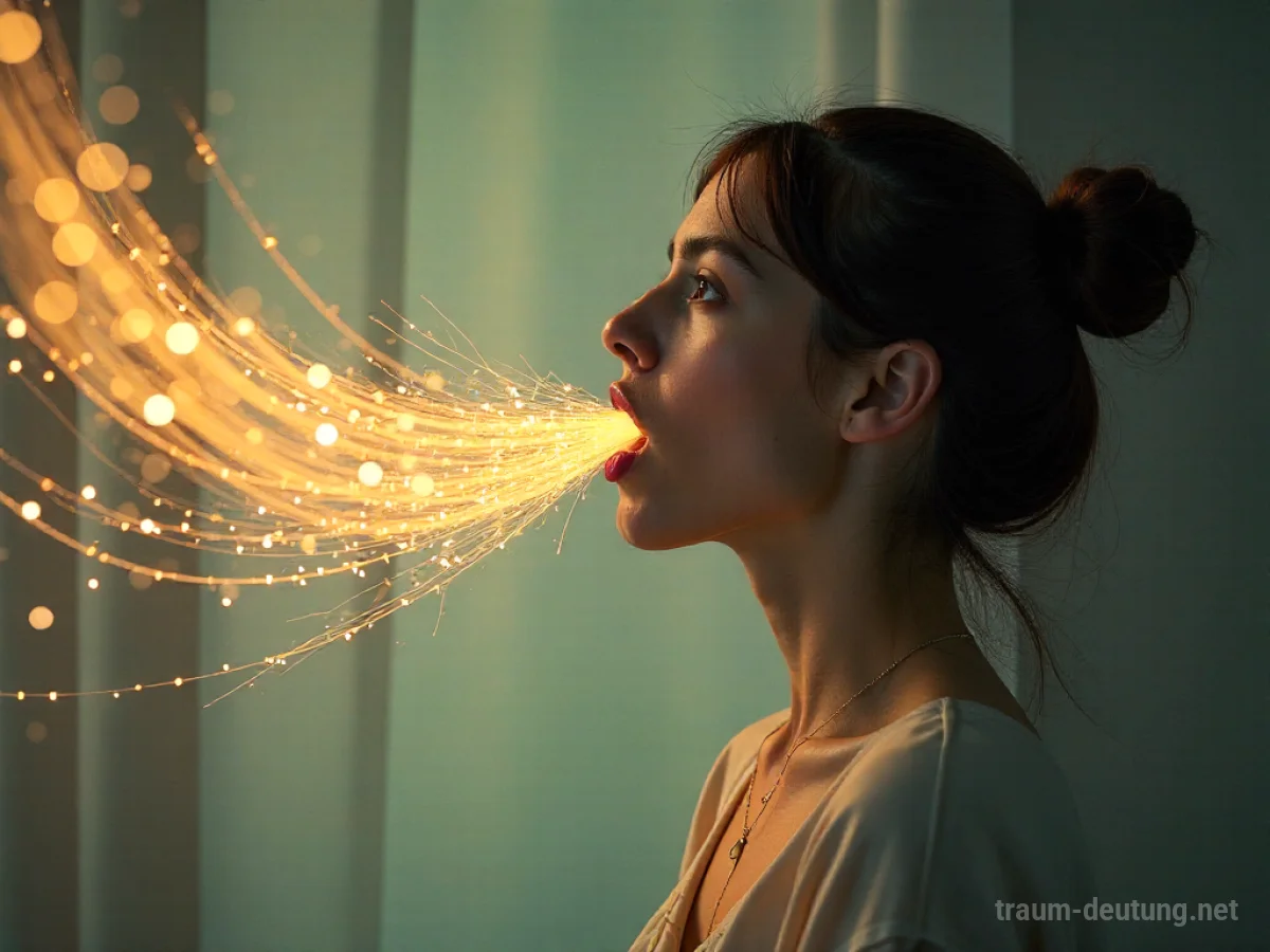 Person stößt symbolisch Haare aus dem Mund, umgeben von sanftem Licht.