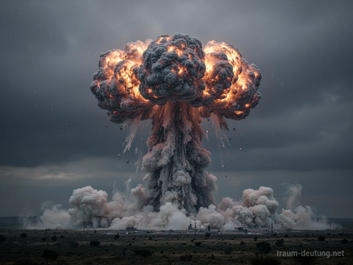 Abstrakte Darstellung einer gewaltigen Explosion mit aufsteigendem Rauch am dunklen Himmel.