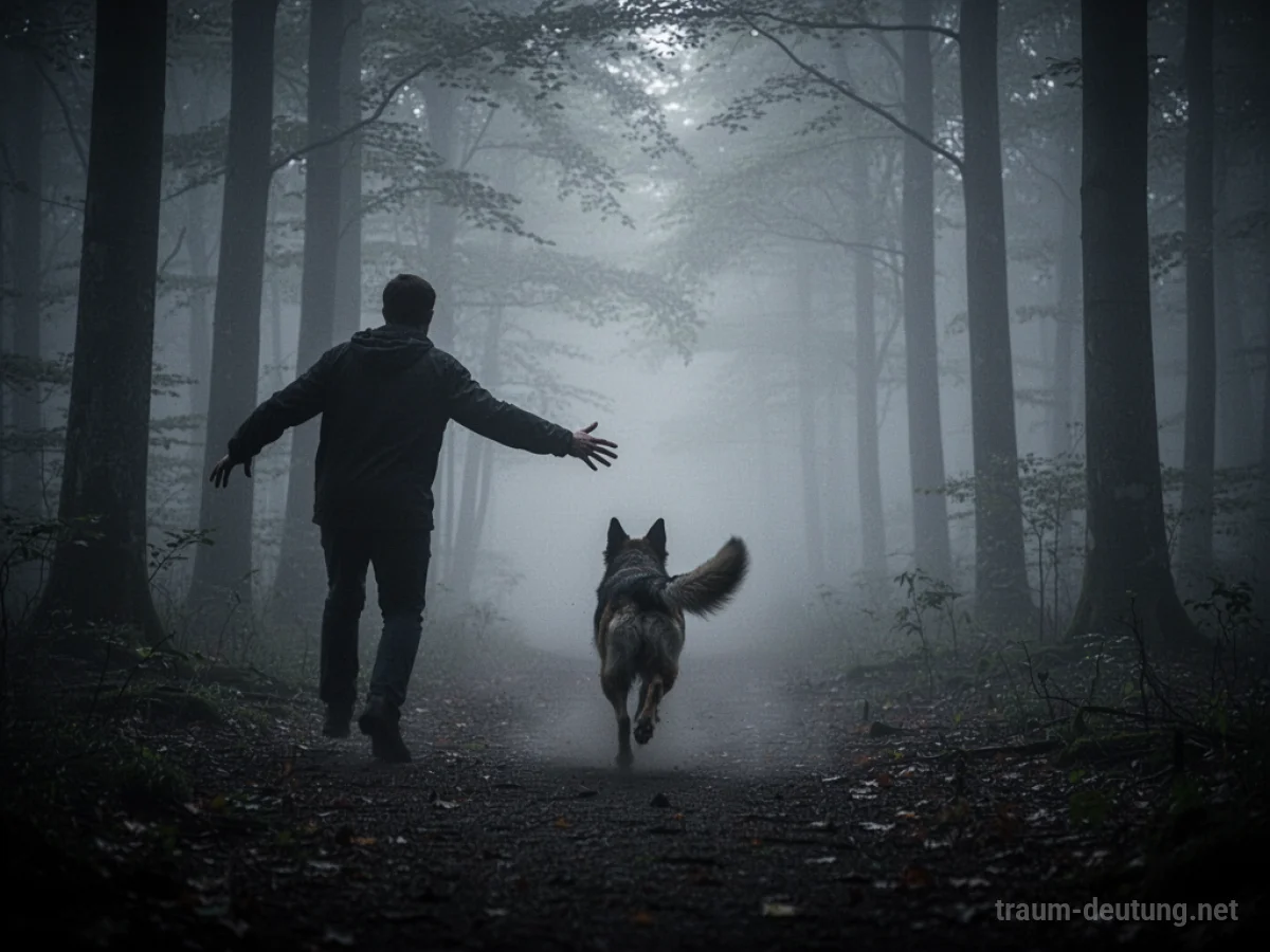 Silhouette eines Hundes, der vor einer Person in einem nebligen Wald flieht