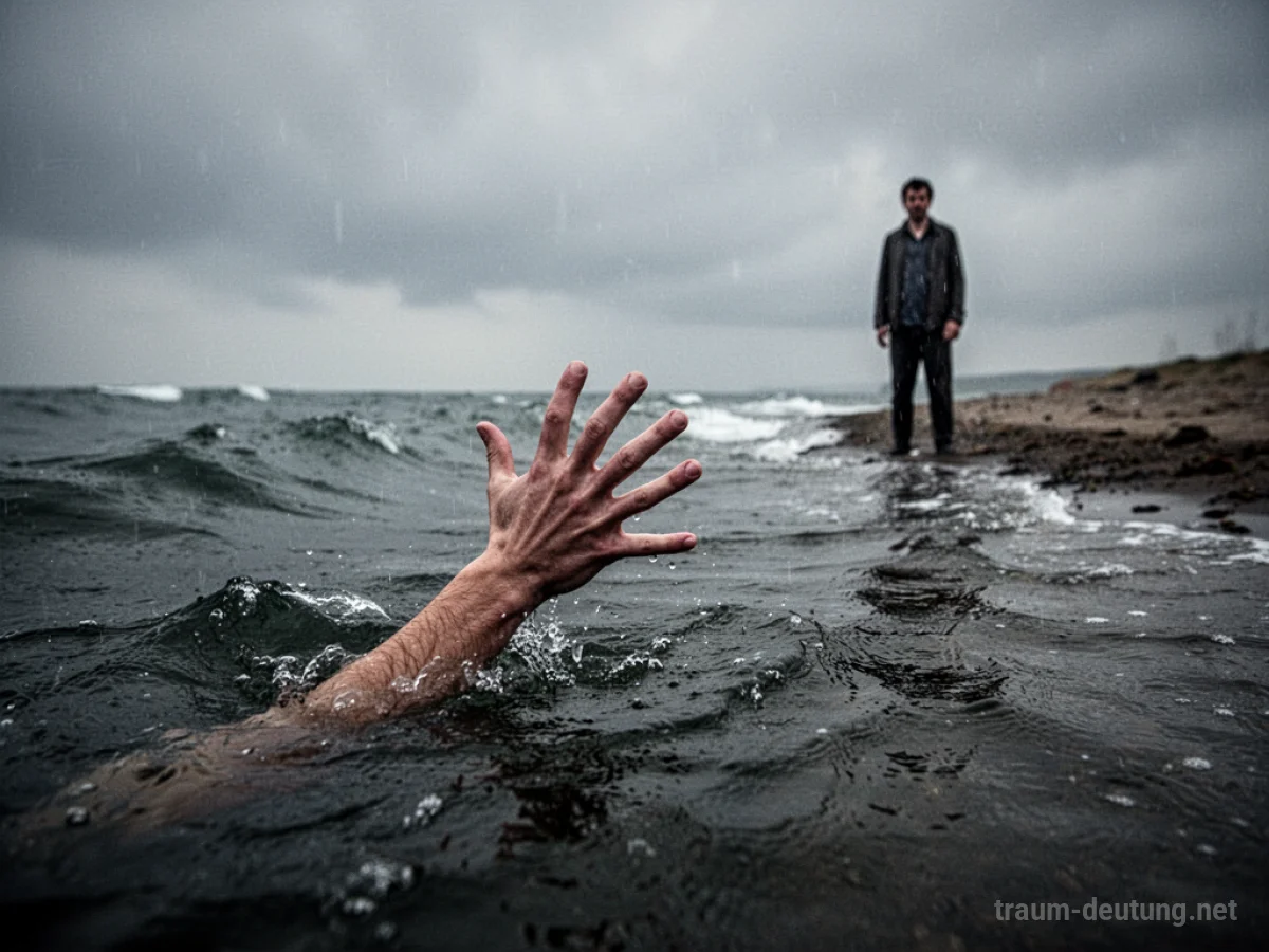 Hand im Wasser streckt sich nach Ufer aus, während eine Person ertrinkt.