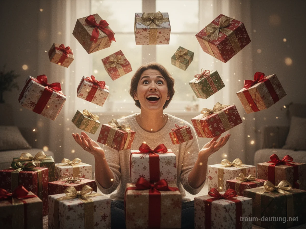 Eine Person erhält viele Geschenke, die in der Luft schweben.