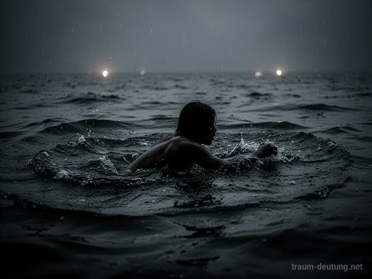 Silhouetten einer Person, die in dunklem, wirbelndem Wasser kämpft.