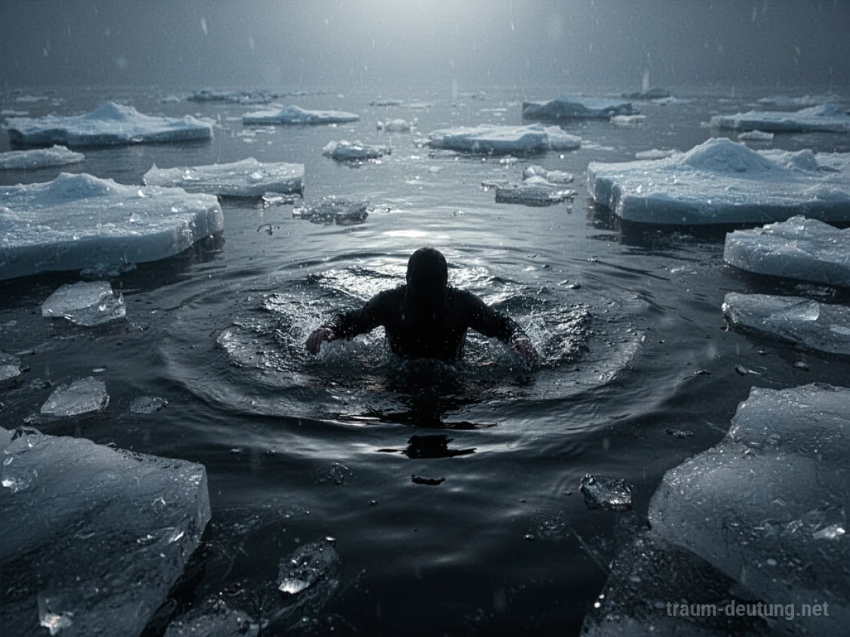 Silhouette einer Person kämpft im dunklen Eiswasser gegen Eisschollen.