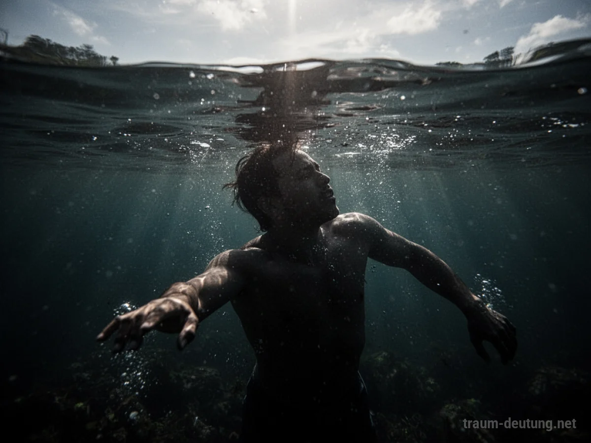 Silhouette einer Person, die im Wasser um Atem ringt und versucht, die Oberfläche zu erreichen.