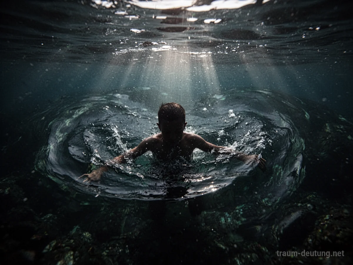 Silhouettenhafte Person sinkt in dunkles Wasser, Licht über ihr