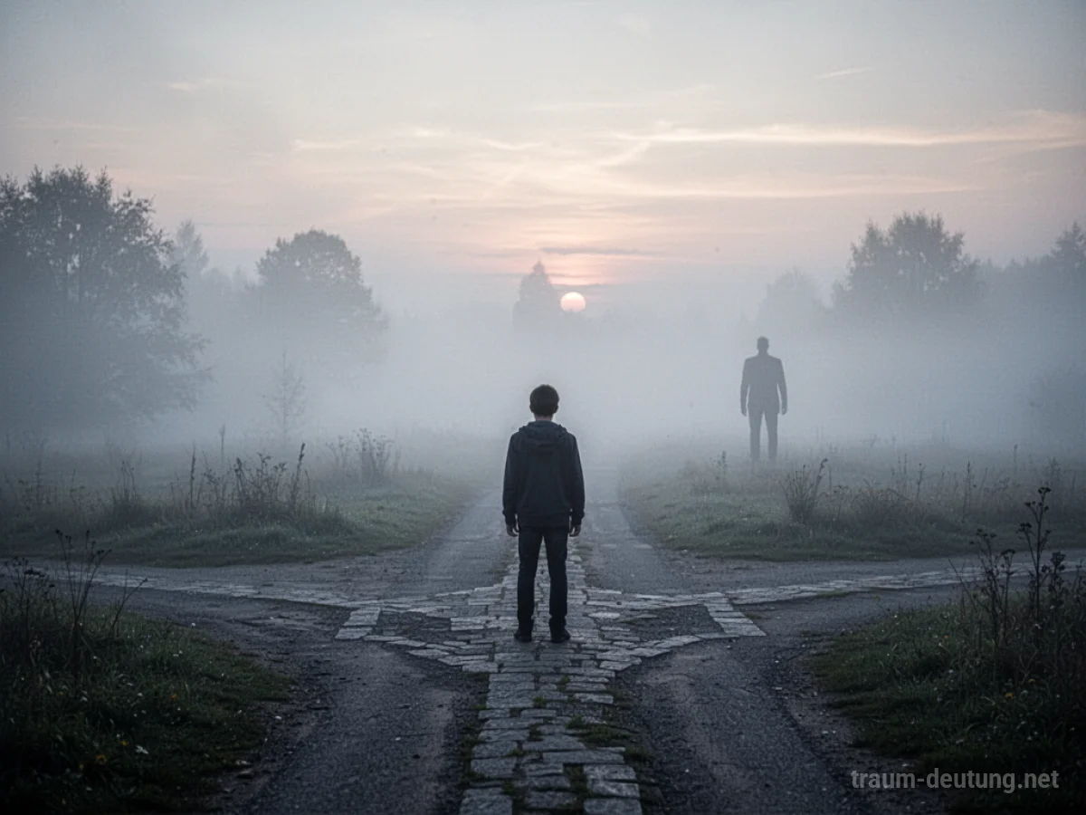 Silhouettenfigur steht an einer Weggabelung im Nebel, symbolisch für den Tod des Ehemanns im Traum.