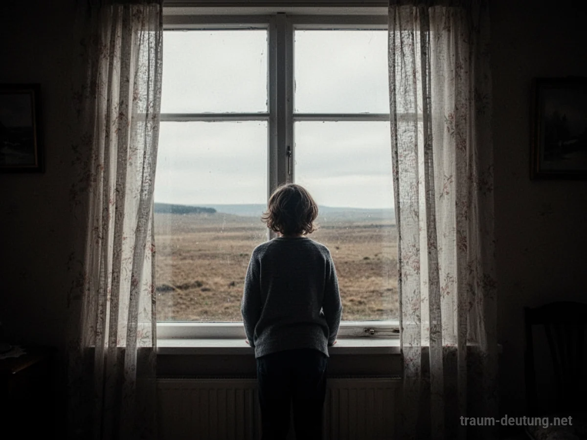 Eine Person blickt aus einem Fenster in eine leere Landschaft, symbolisch für die Abwesenheit des Ehemanns im Traum.