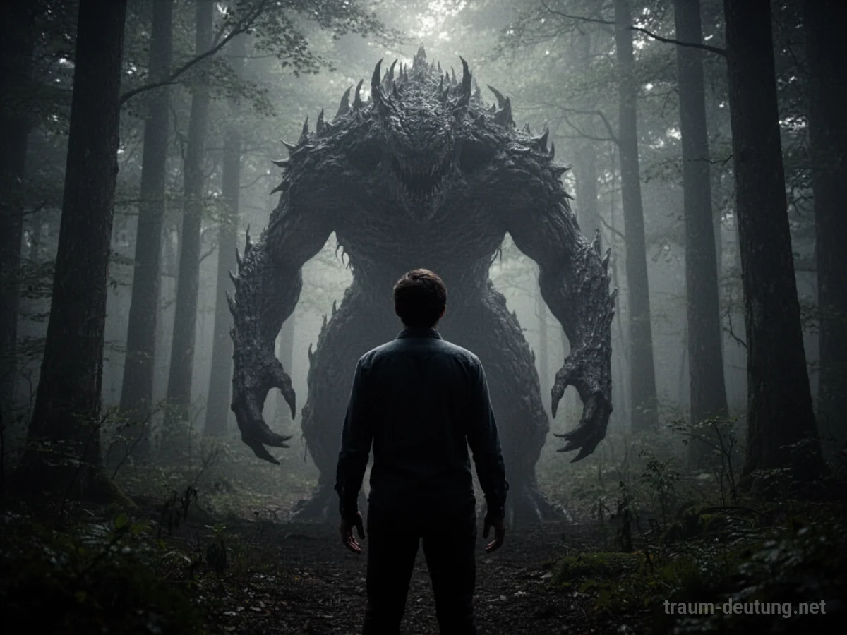 Silhouette einer Person, die von einem schemenhaften Monster in einem nebligen Wald verfolgt wird.