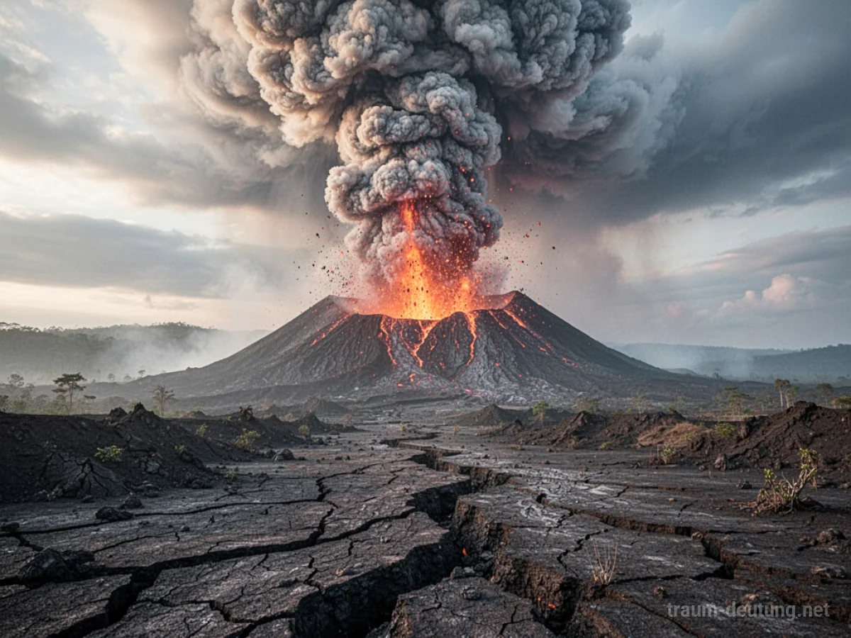 Ein Vulkan bricht nach einem Erdbeben aus und schleudert Asche in den Himmel über einer zerstörten Landschaft.