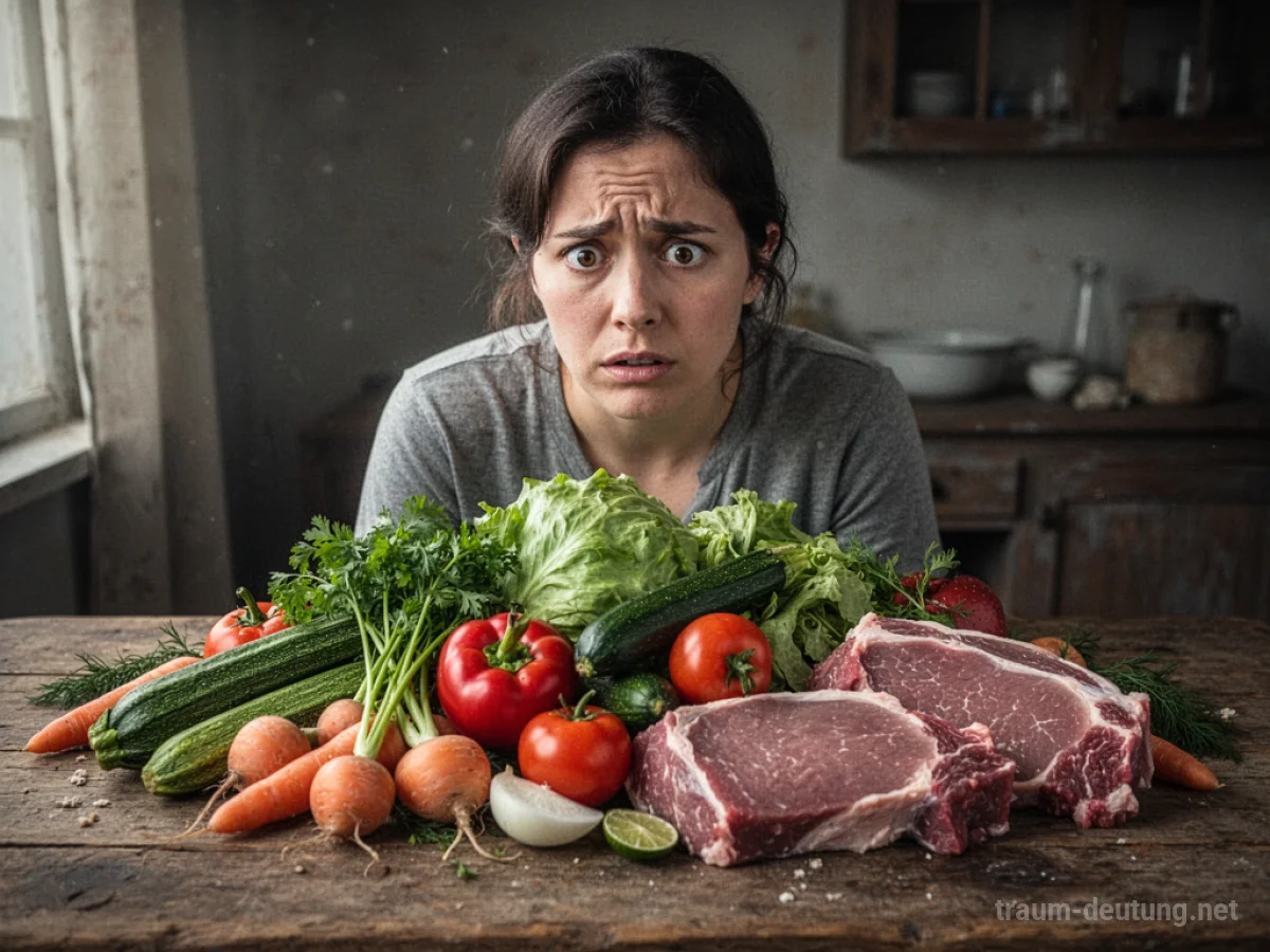 Rohes Essen auf einem Holztisch, das eine Person unsicher betrachtet.