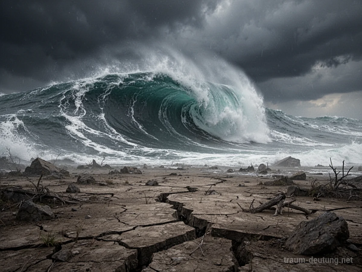 Große Welle nähert sich einer zerstörten Landschaft nach einem Erdbeben
