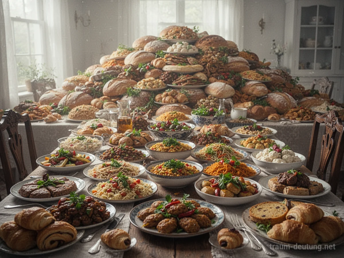 Ein Tisch voller Essen, der überläuft, mit weiteren Speisen im Hintergrund
