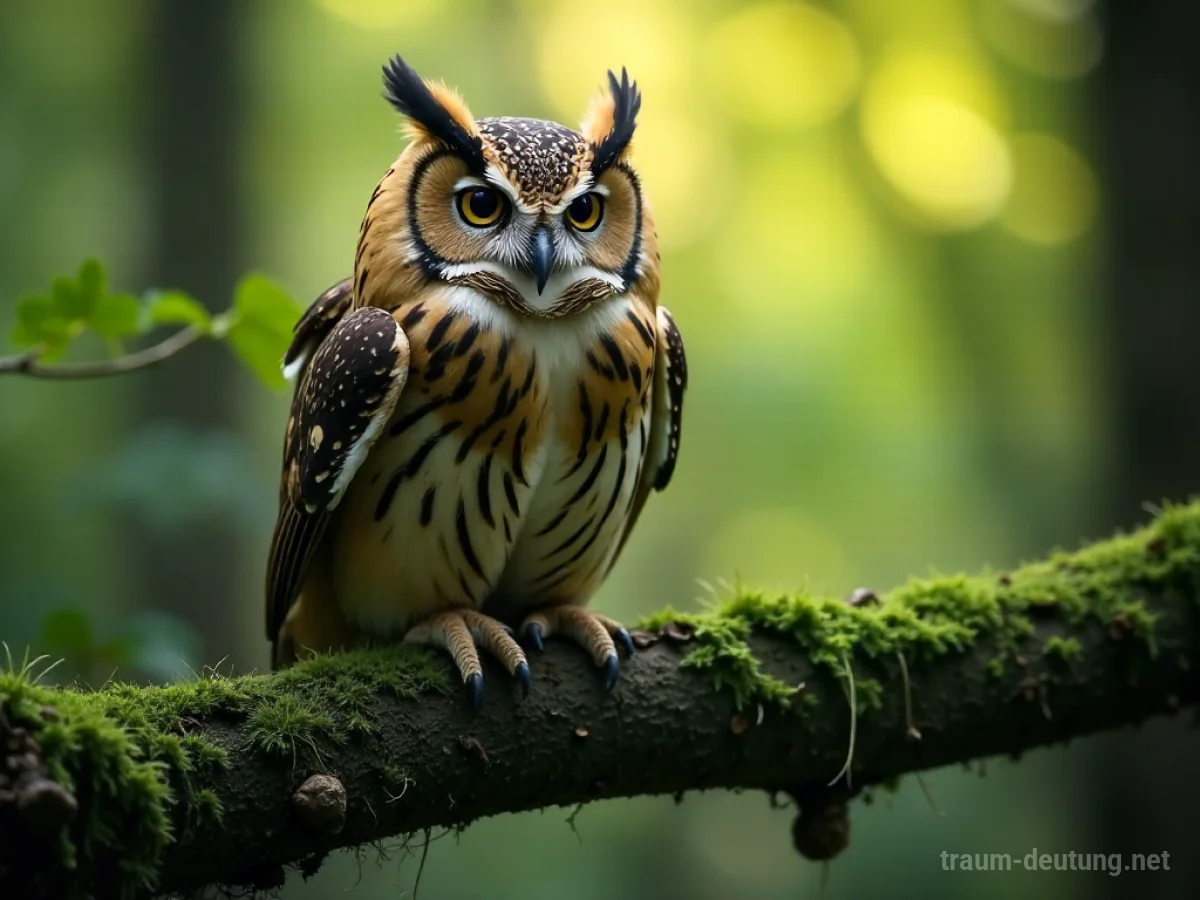 Eine verletzte Eule sitzt auf einem Ast im Wald.