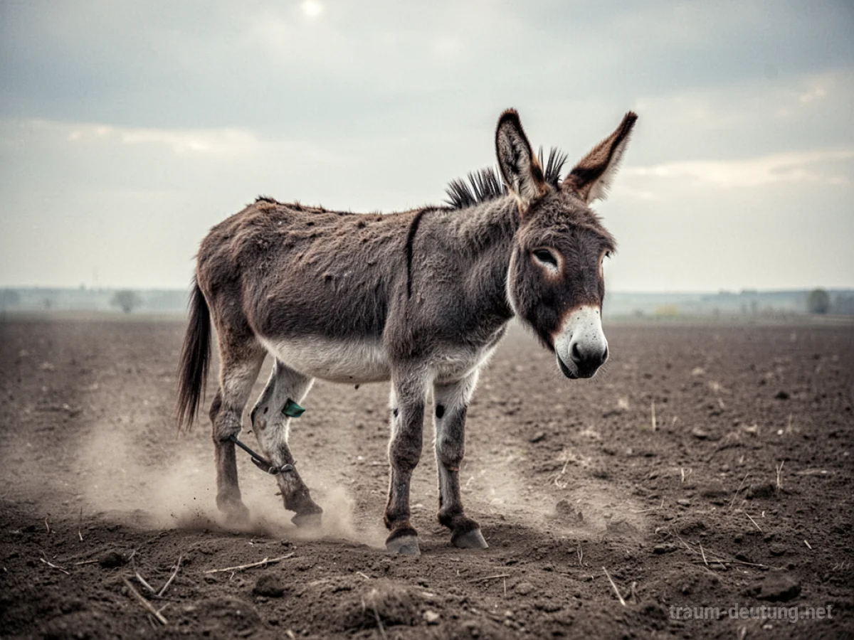 Ein verletzter Esel steht erschöpft auf einem staubigen Feld.