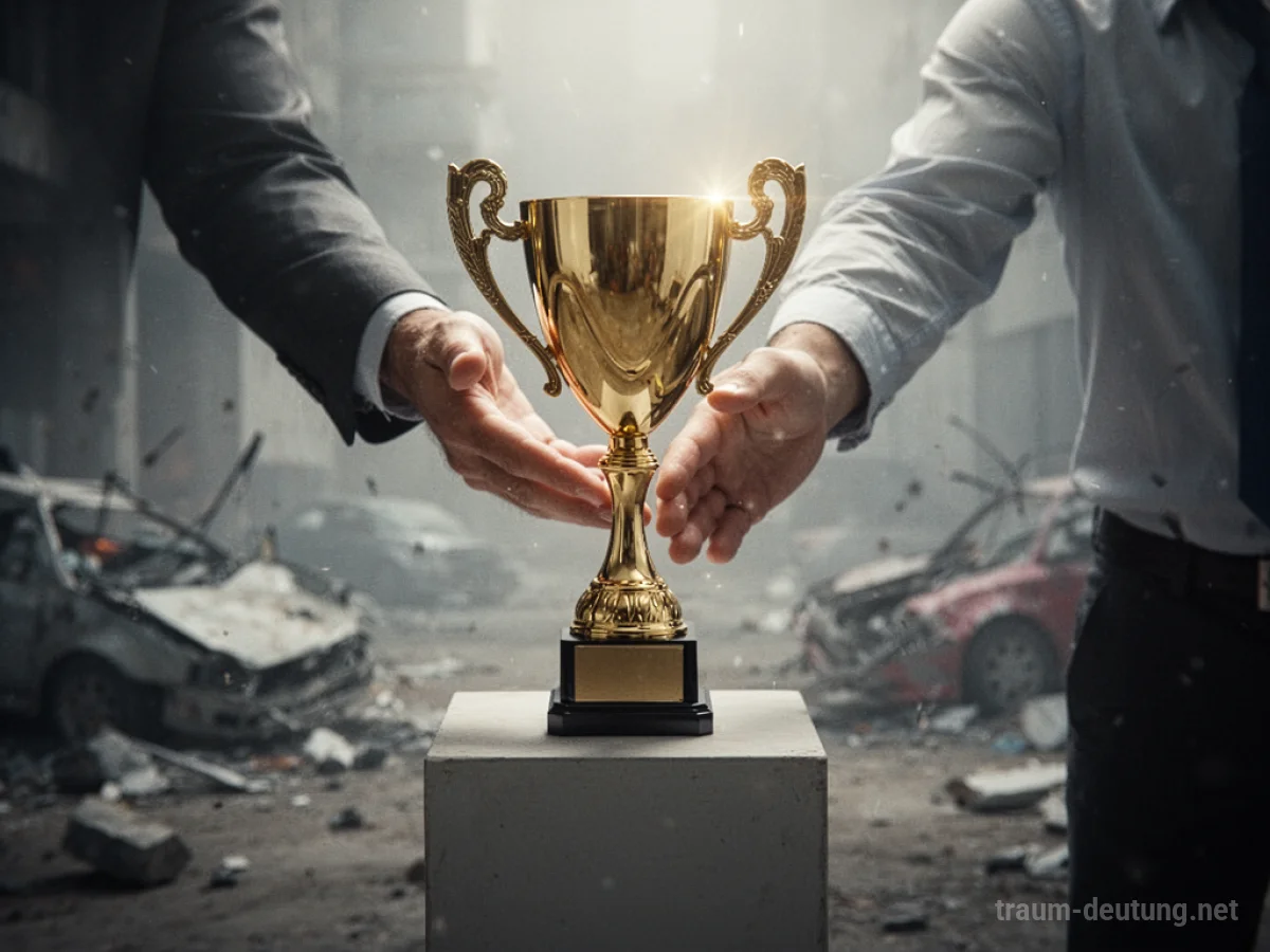 Eine Person greift nach einer goldenen Trophäe auf einem Podest.