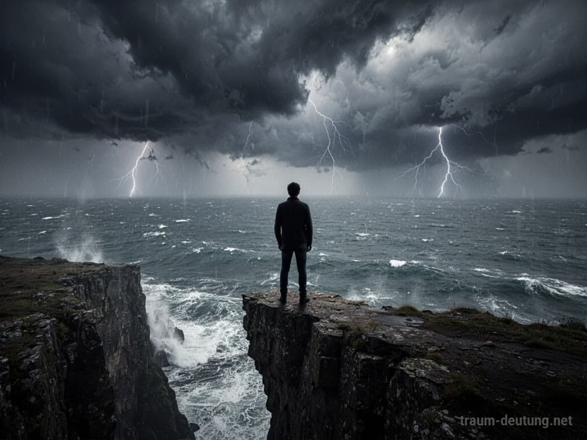 Silhouette einer Person am Klippenrand über einem stürmischen Meer, symbolisiert die emotionale Reinigung im Traum.