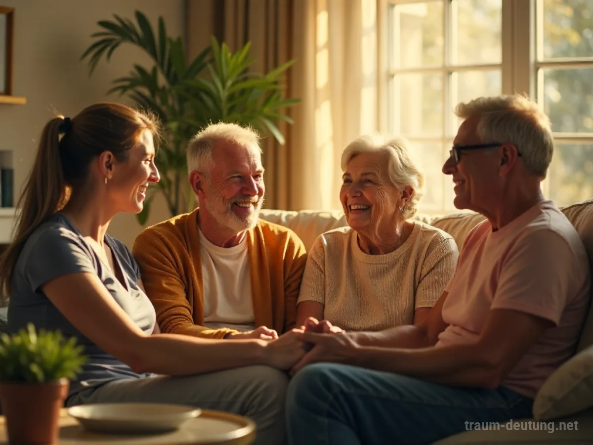 Viele lachende Menschen unterschiedlichen Alters versammeln sich in einem hellen Wohnzimmer.