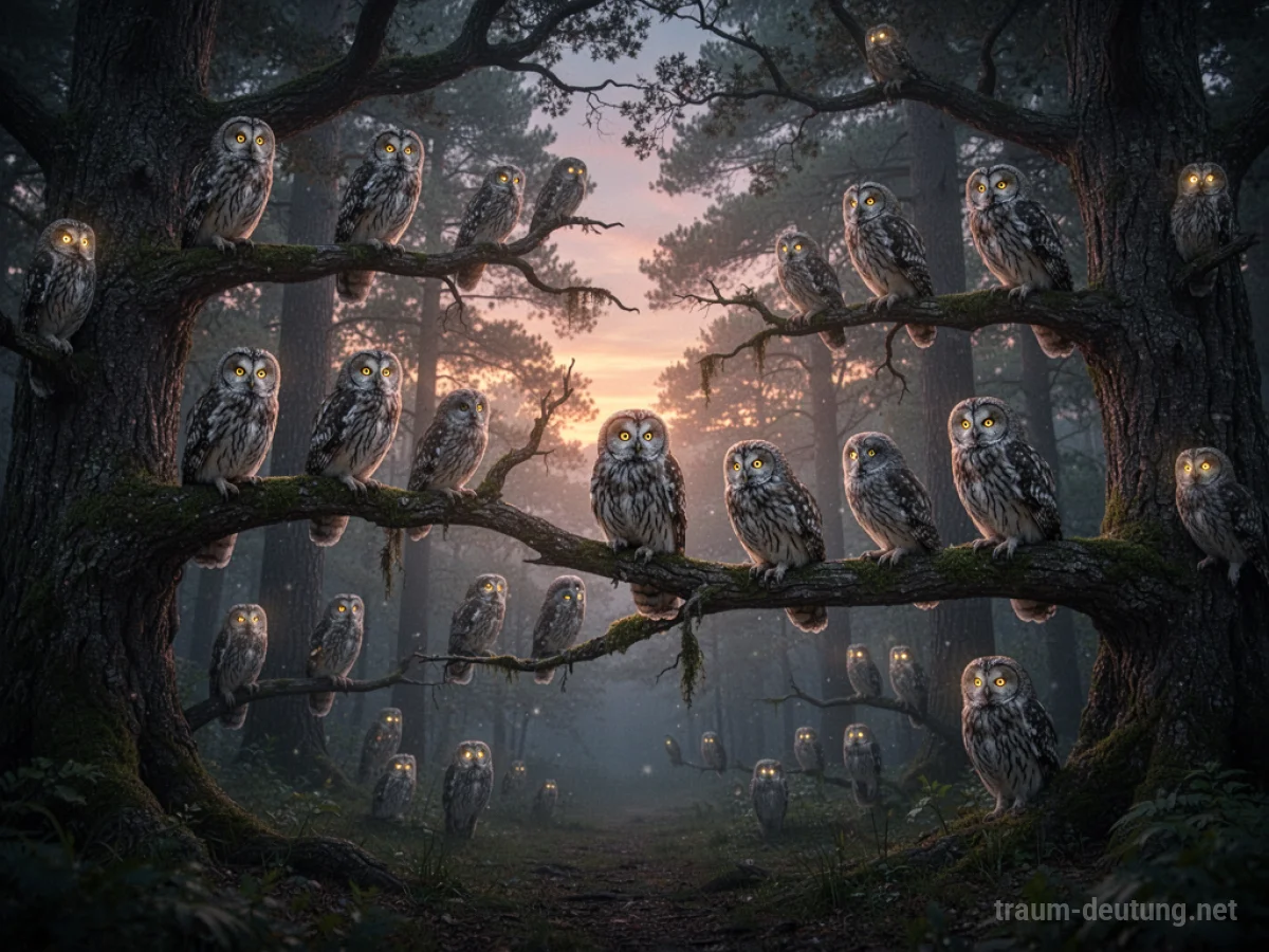 Zahlreiche Eulen sitzen auf Ästen in einem Wald bei Dämmerung.