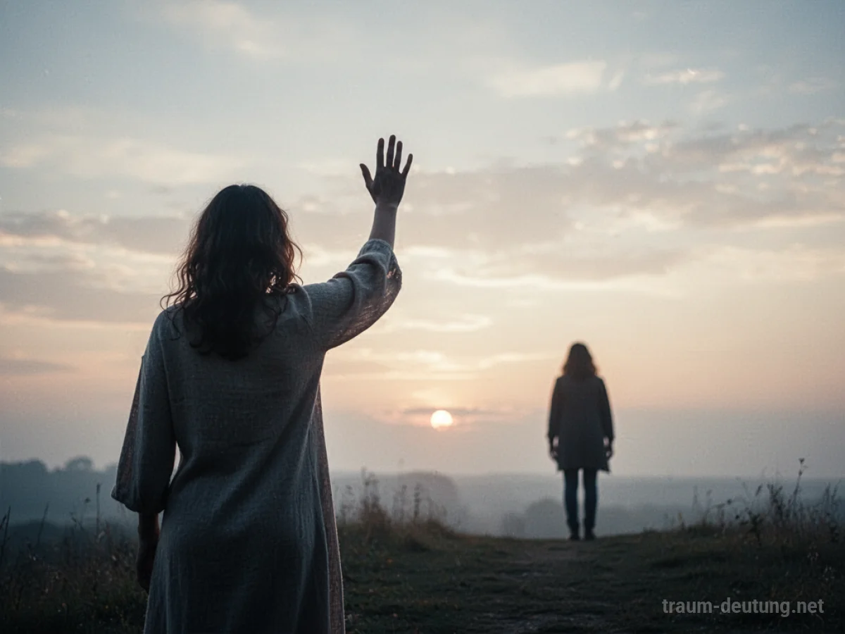 Silhouetten einer Person, die sich von einem Kind verabschiedet, im sanften Licht des Morgens.