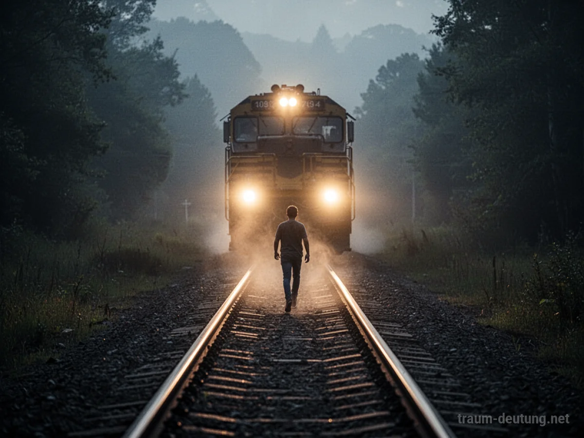 Silhouette einer Person, die von den Lichtern einer heranrasenden Eisenbahn auf dunkler Schiene überholt wird.