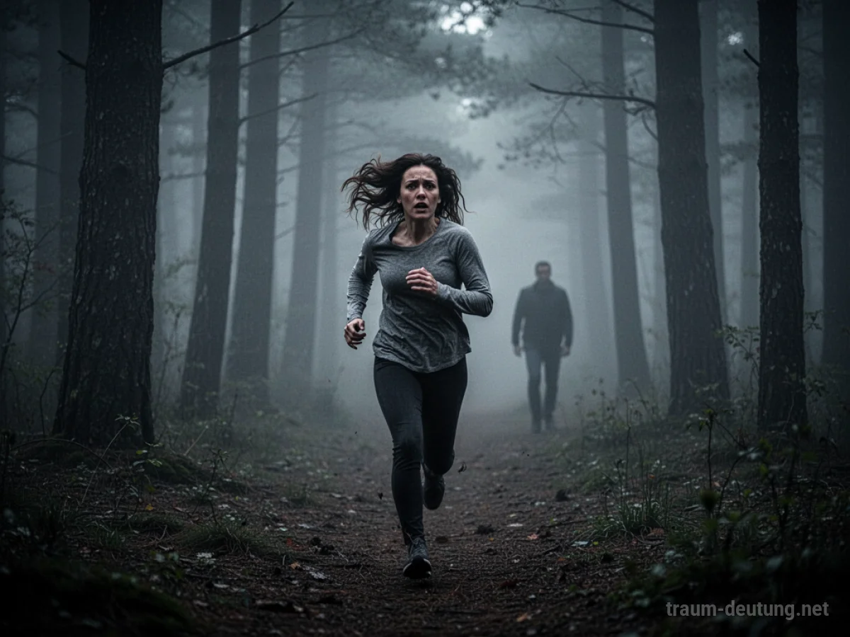 Frau flieht im Traum vor ihrem Ehemann durch einen dunklen Wald.