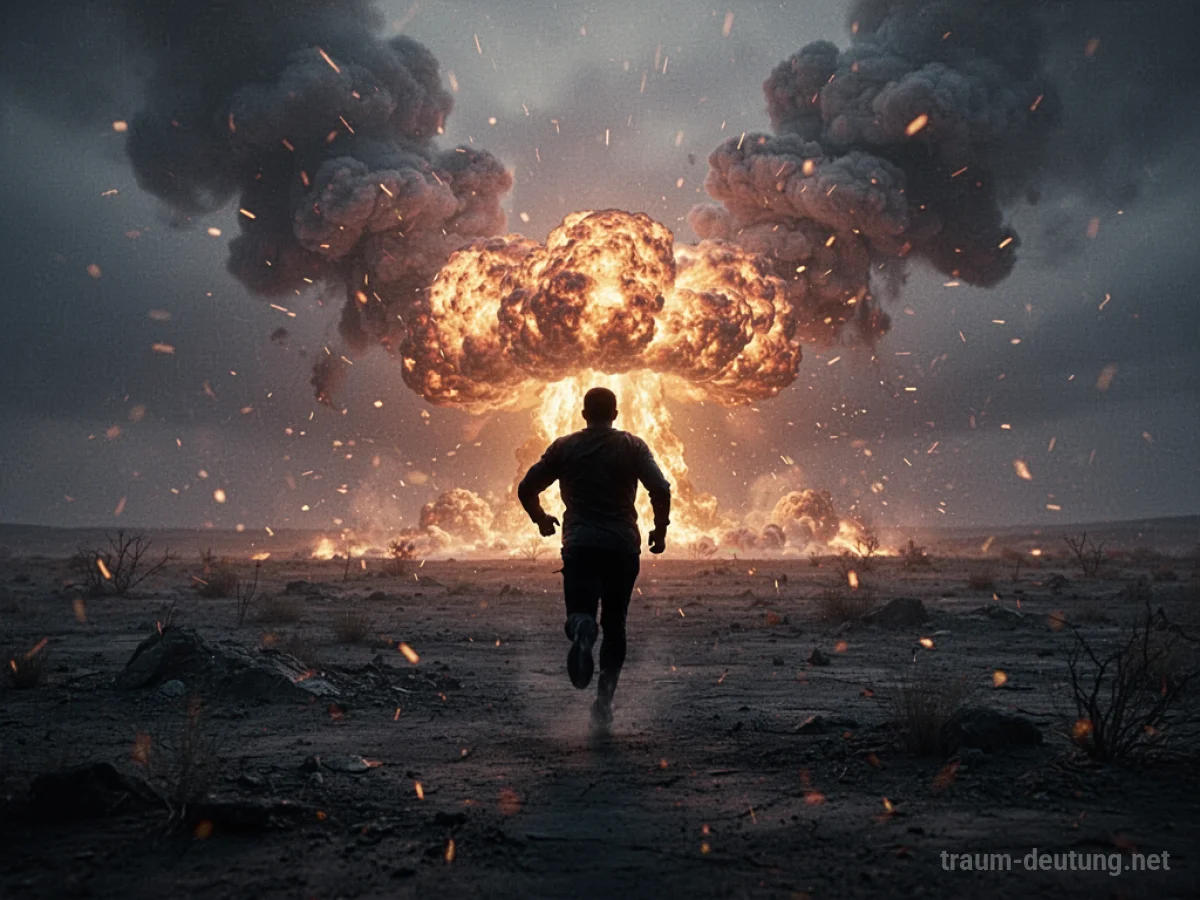 Silhouetten-Figur flieht vor einer Explosion in dunkler Landschaft
