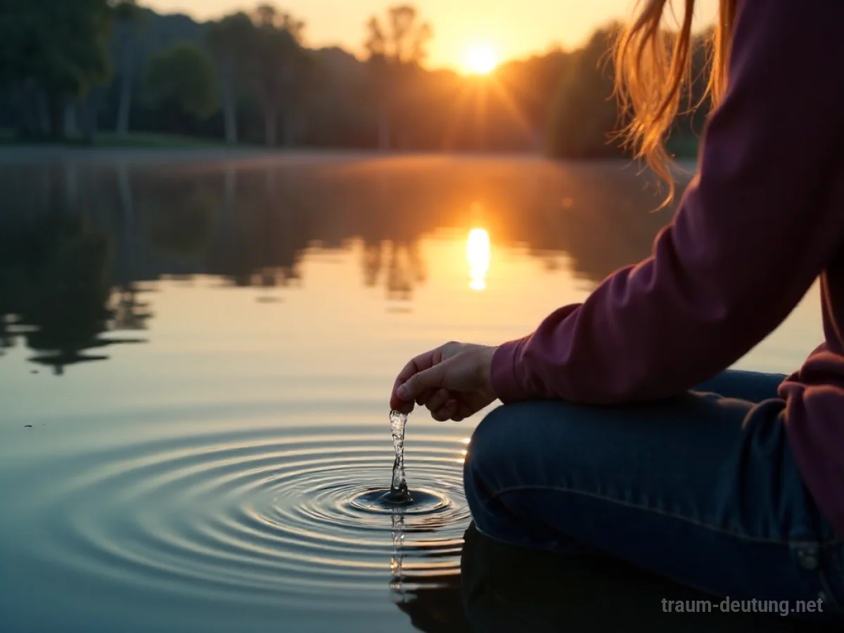 Person schöpft Wasser aus einer Mulde und lässt es zurückfließen, begleitet von sanftem Morgenlicht.
