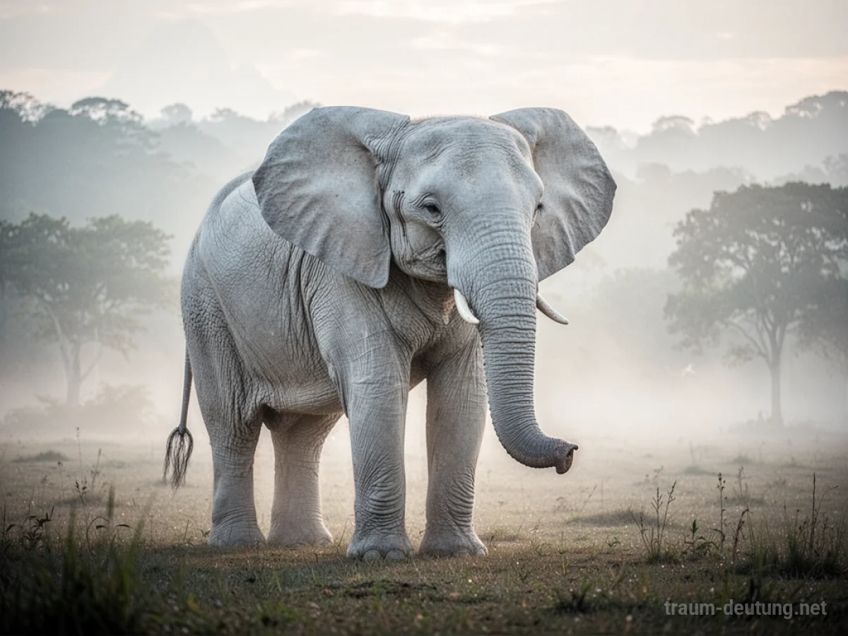 Ein weißer Elefant steht in einer nebligen Landschaft.