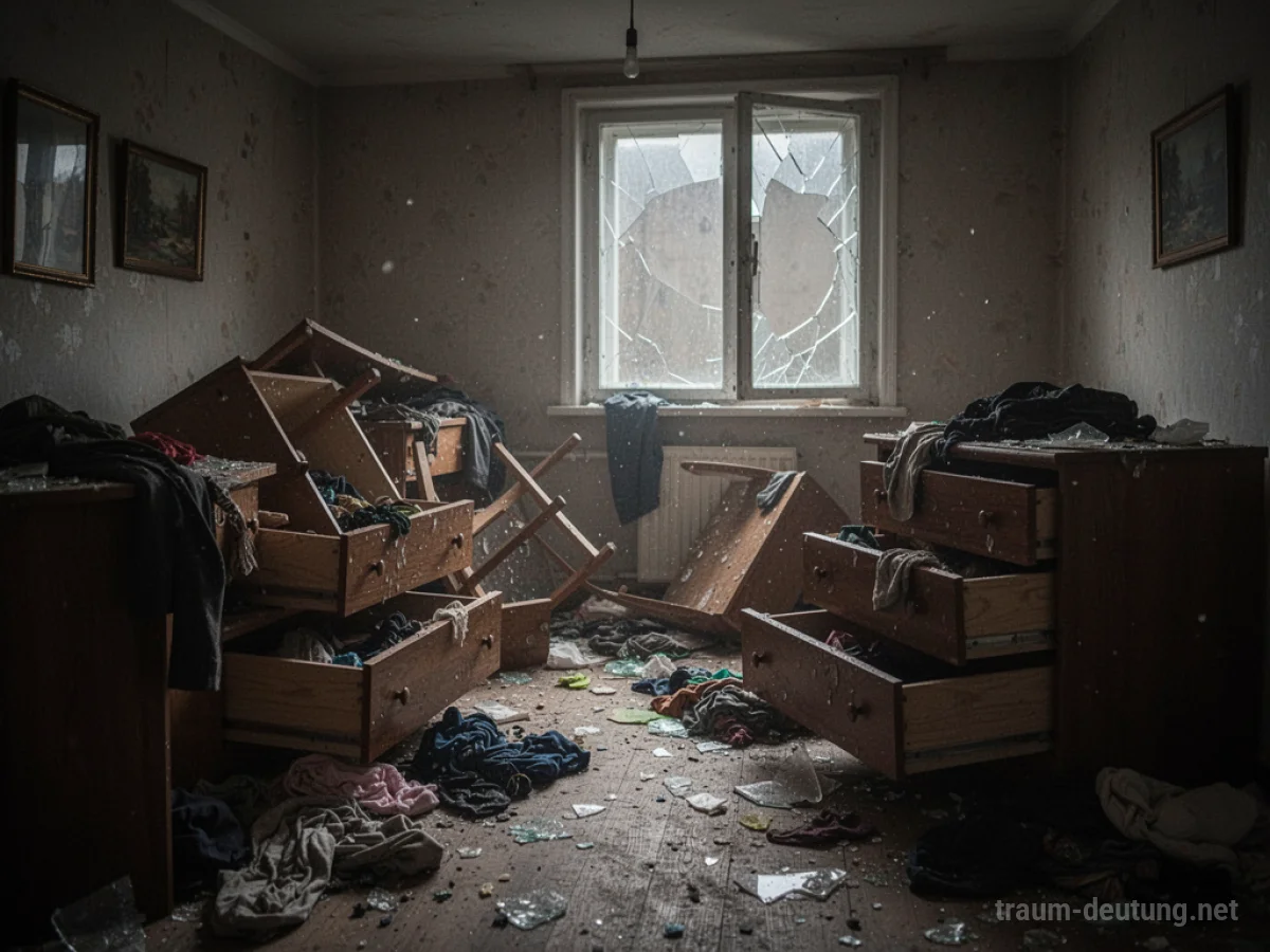 Verwüstete Wohnung nach einem Einbruch, Schubladen offen und Möbel umgestoßen.