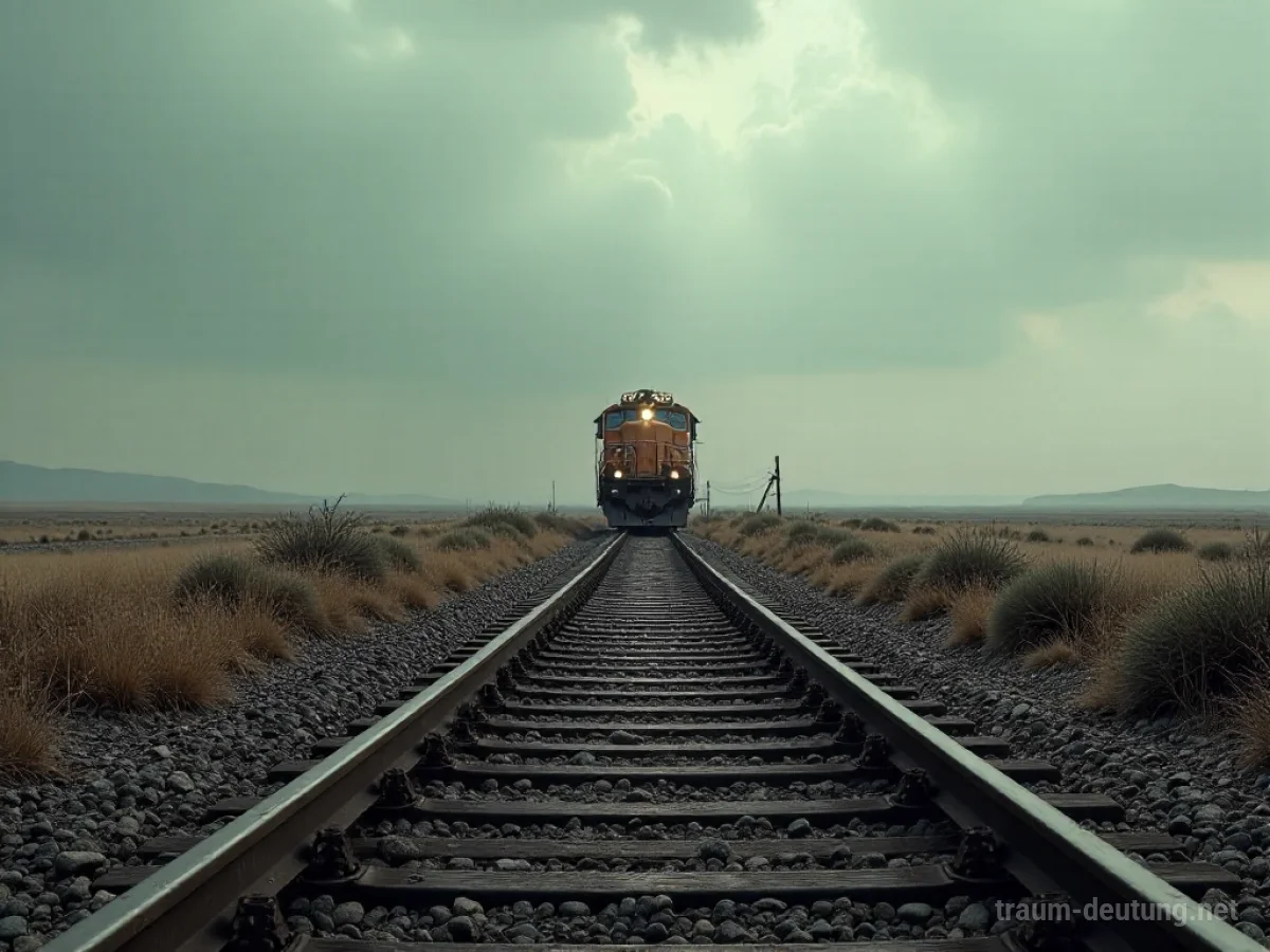 Zerbrochene Eisenbahn mit einem Zug, der auf einer einsamen Strecke zum Stehen gekommen ist.