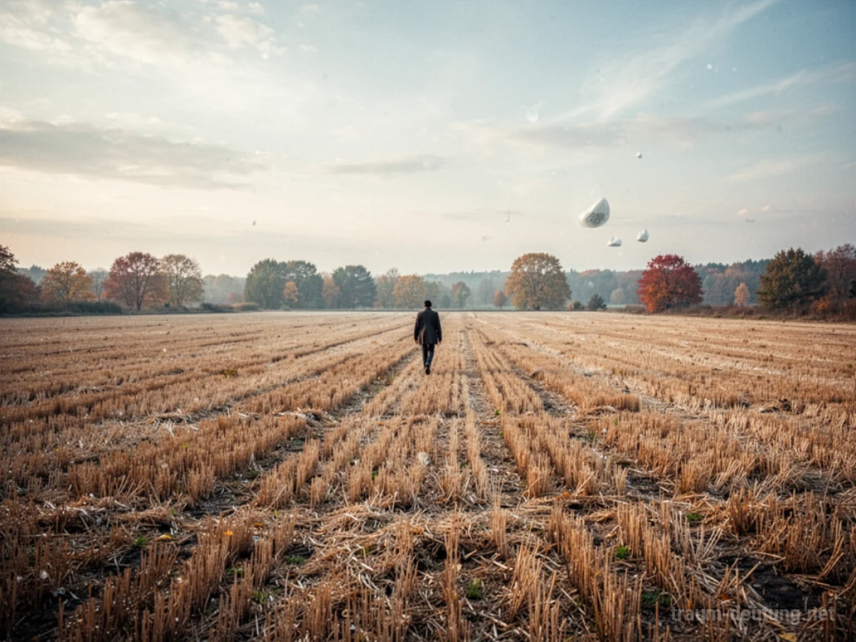 Abgeerntetes Feld mit trockenen Halmen und einem fernen Horizont