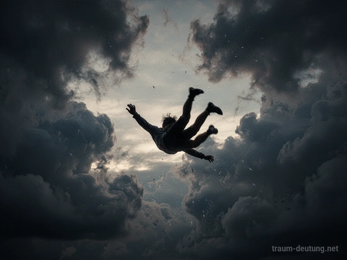 Silhouette einer Person, die beim Fliegen abstürzt, umgeben von dunklen Wolken.