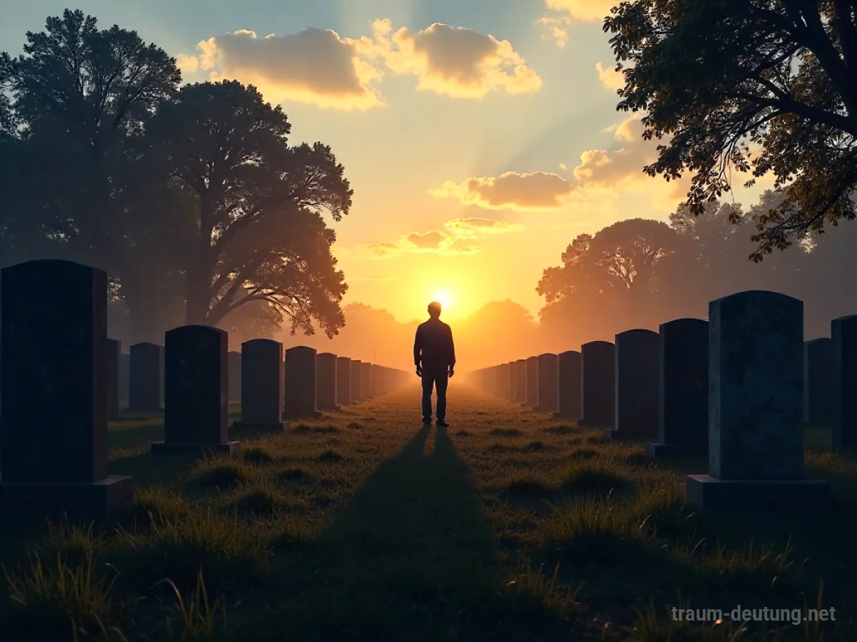 Eine einzelne Person steht allein auf einem Friedhof bei Dämmerung.