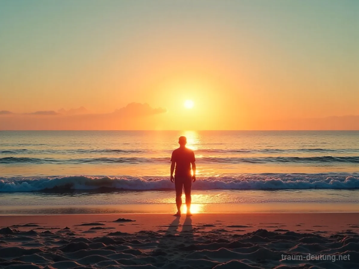 Einzelne Person steht am Strand und blickt auf das Meer bei Sonnenuntergang.