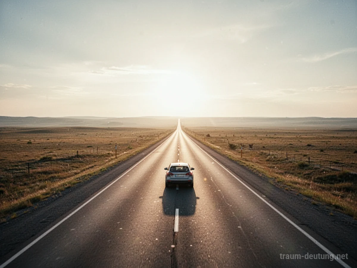 Ein einsames Auto fährt auf einer offenen Landstraße dem Horizont entgegen.