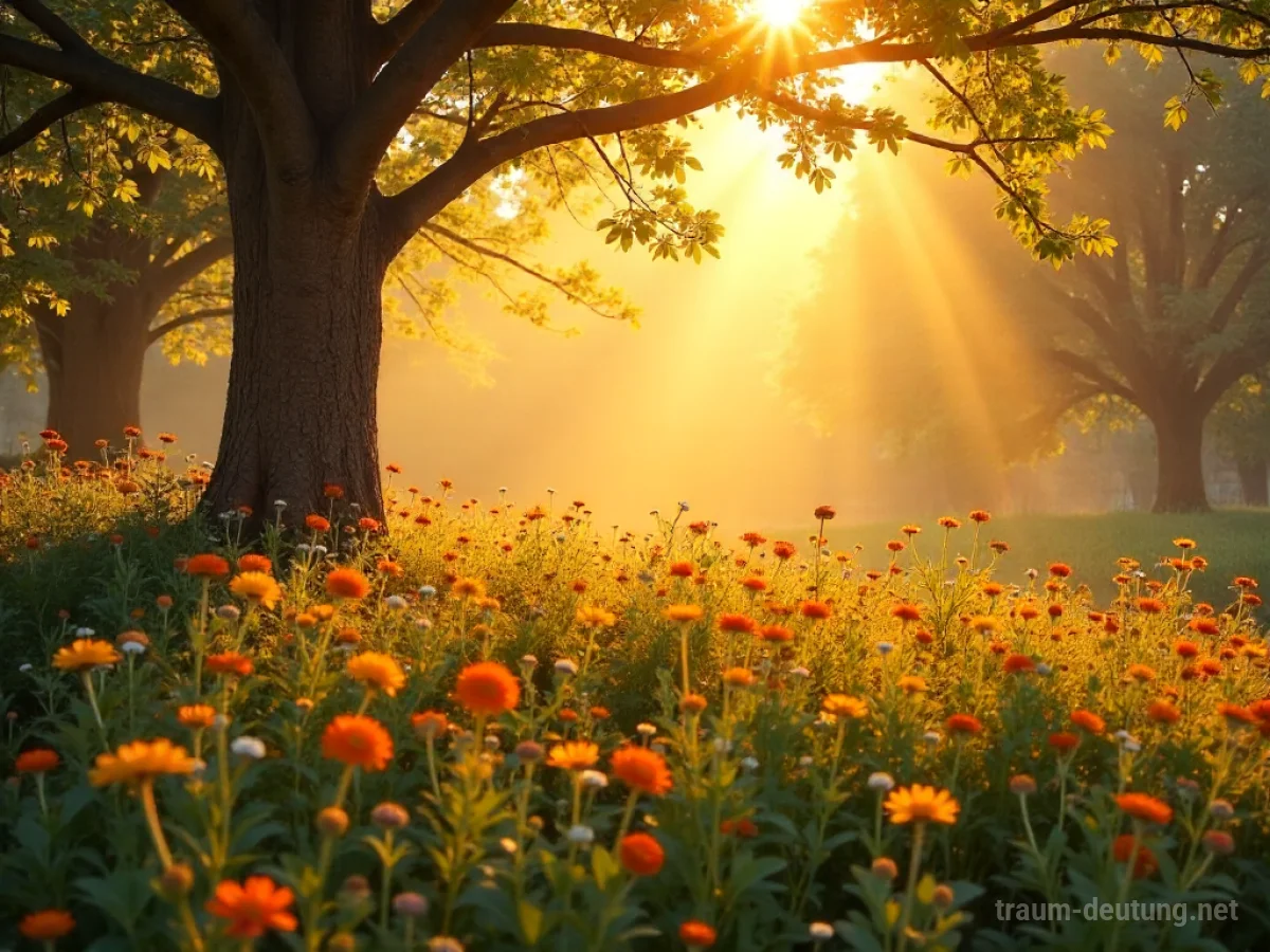 Sonnendurchflutete Landschaft mit blühenden Blumen und Bäumen.
