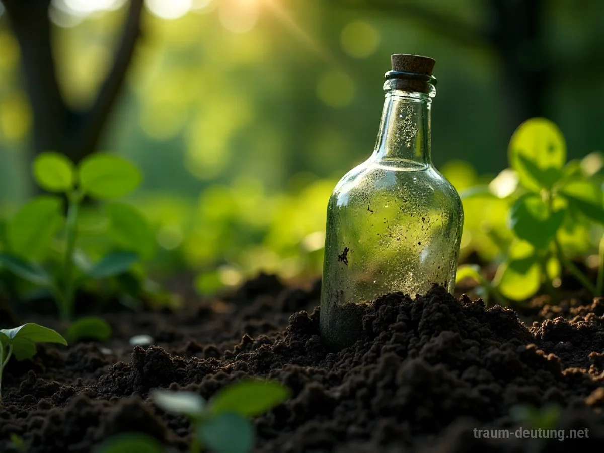Alte, staubige Glasflasche halb im Boden eines verwilderten Gartens gefunden.