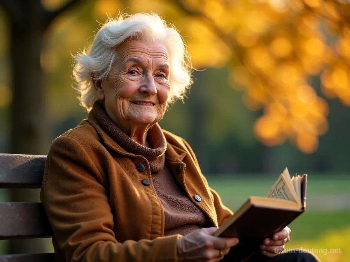 Eine alte Frau mit freundlichen Augen sitzt auf einer Parkbank und hält ein Buch.