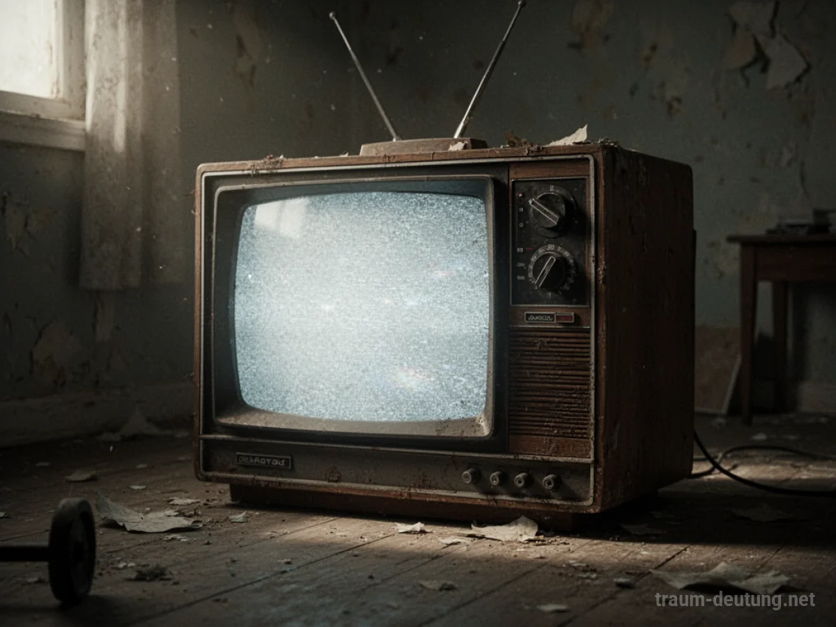 Alter Röhrenfernseher steht in einem dunklen Raum, der Bildschirm leuchtet schwach.