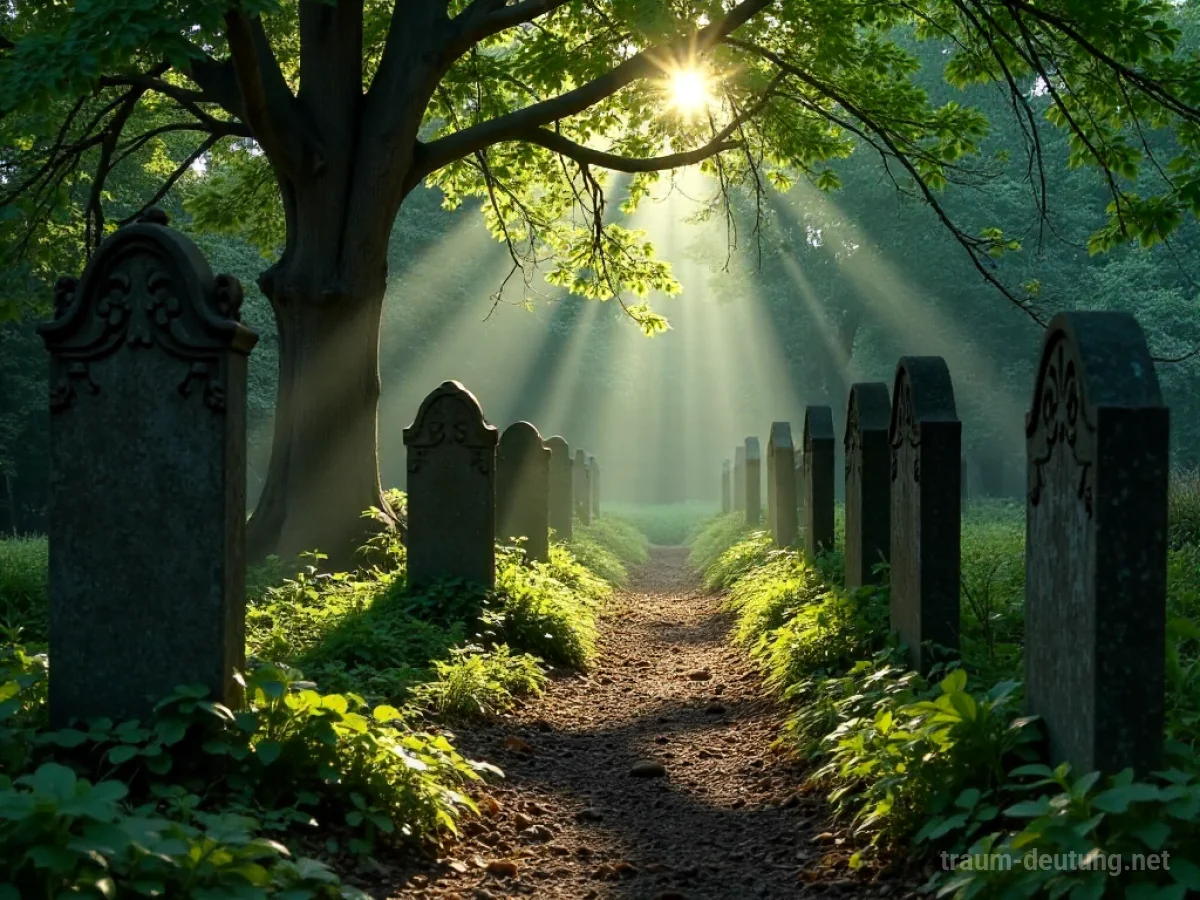 Alter, verlassener Friedhof mit überwucherten Grabsteinen und tiefem Schatten.